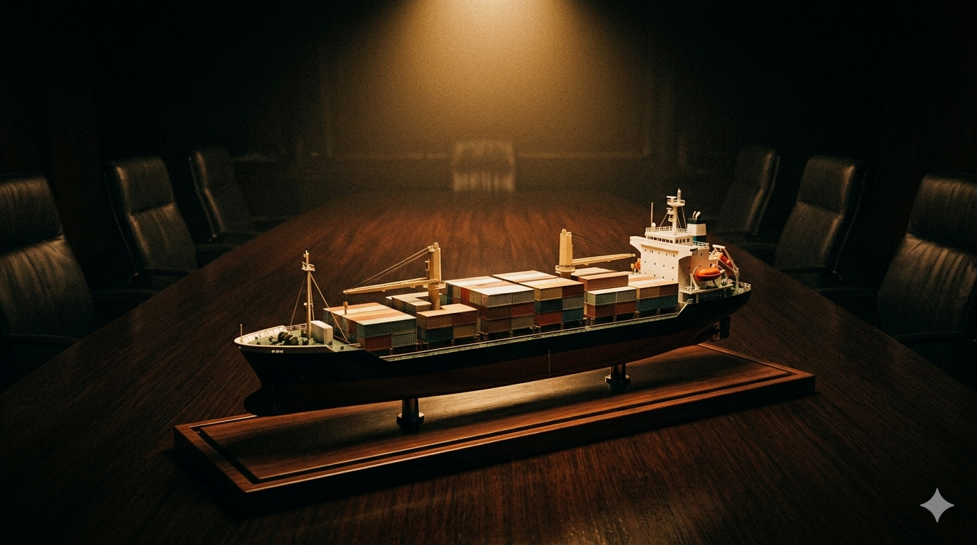 A pristine scale model of a cargo vessel on a dark boardroom table, illuminated by a single warm amber light — precise, immaculate, and entirely removed from the conditions the real vessel would face