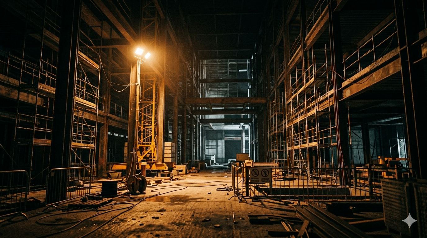 The interior skeleton of a structure under construction at night — raw framework, scaffolding and exposed materials illuminated by a single amber work light, the gap between plan and reality made visible