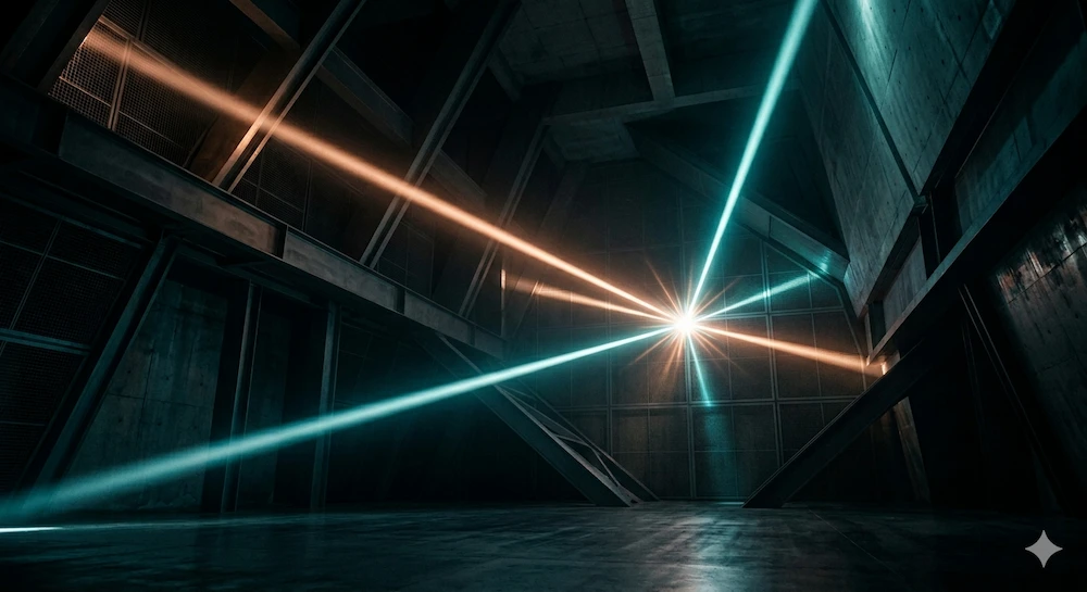 Three beams of light — amber and teal — converging at a single vanishing point inside a dark industrial space. A visual metaphor for distinct disciplines meeting at a common purpose.