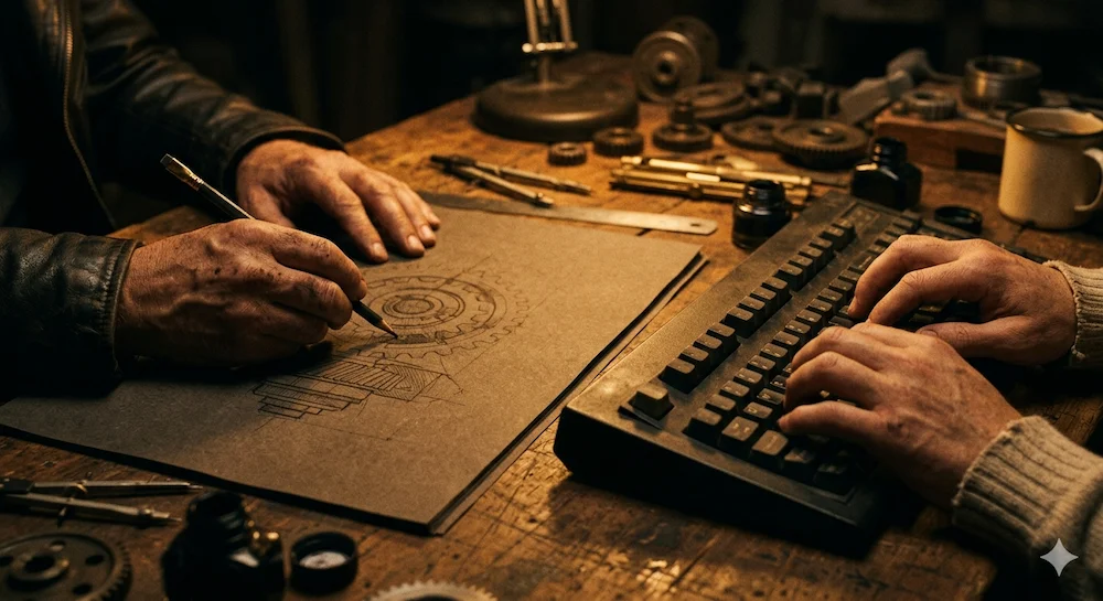 Two pairs of hands working on the same surface — one sketching a mechanical drawing with a pencil, one typing on a keyboard — surrounded by gears, drafting tools and workshop equipment on a worn wooden workbench