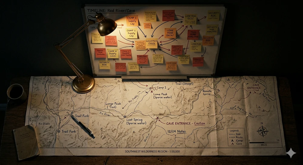 Overhead view of a detailed terrain map spread across a wooden desk, illuminated by a single lamp. A planning board covered in annotated sticky notes and arrows sits behind it — the visible work of mapping an unknown landscape before committing to a route.