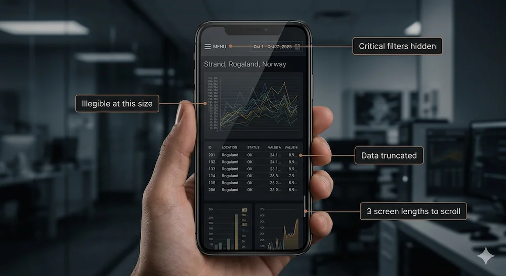 A dense operational dashboard rendered on a mobile screen, showing illegible charts, collapsed filters, and truncated data tables